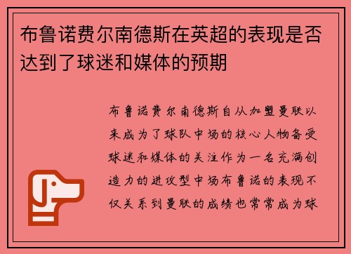 布鲁诺费尔南德斯在英超的表现是否达到了球迷和媒体的预期
