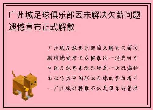 广州城足球俱乐部因未解决欠薪问题遗憾宣布正式解散